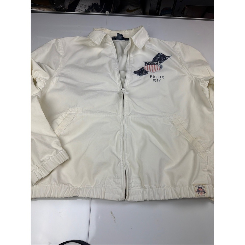 Polo Ralph Lauren Cream Cotton Full Zip Jacket Eagle Flag 1967 Mens L AS IS